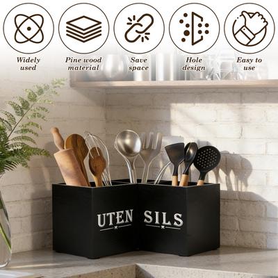 Kitchen Utensil Holder Wood Corner Utensil Caddy with 3 Compartments Vintage Countertop Storage Rack for Home Kitchen Decoration