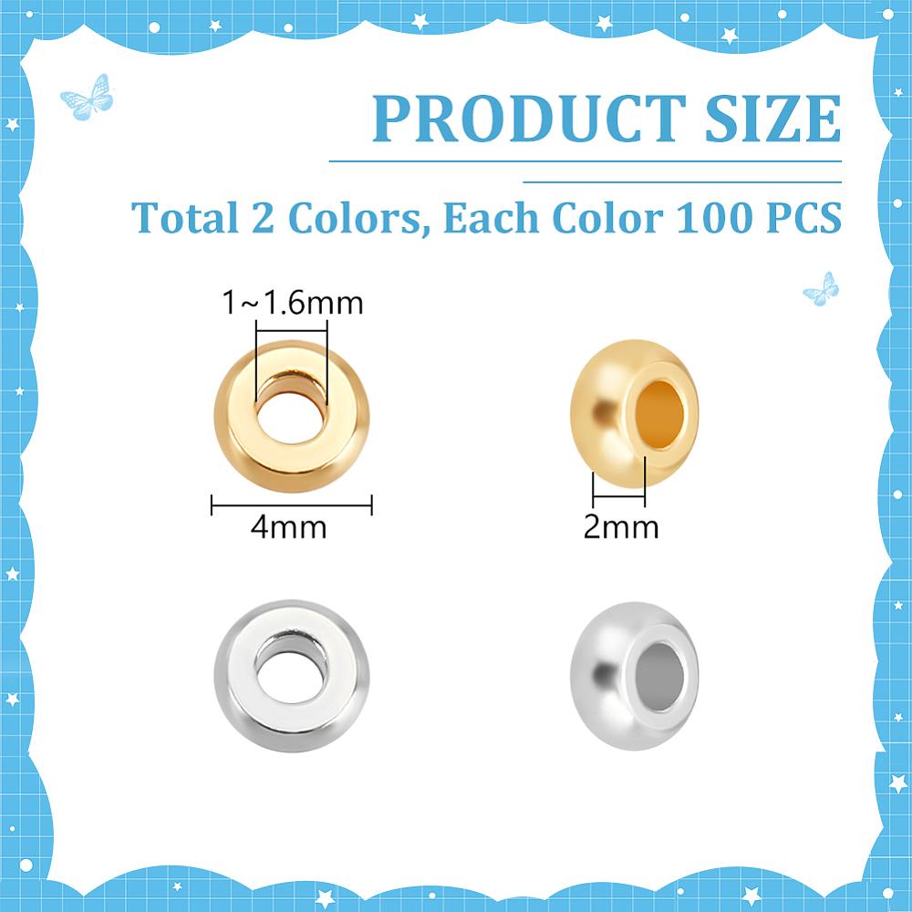 200Pcs 2 Colors 304 Stainless Steel Spacer Beads, Flat Round, Mixed Color, 4x2mm, Hole: 1~1.6mm, 100pcs/color