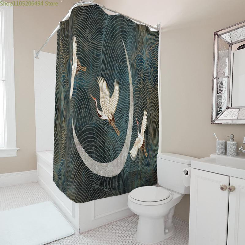 Stylowy wystrój łazienki: Zestaw zasłon prysznicowych z żurawiami księżycowymi do dekoracji domu Granatowy Złoty Nadruk Poliester Idealny Prezent