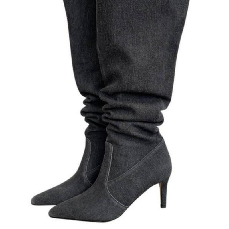 Moda de Primavera y Otoño Botas de Mujer Nuevas Color Sólido Denim Punta Afilada Tacón Alto de Aguja Manga Botas Altas de Mujer