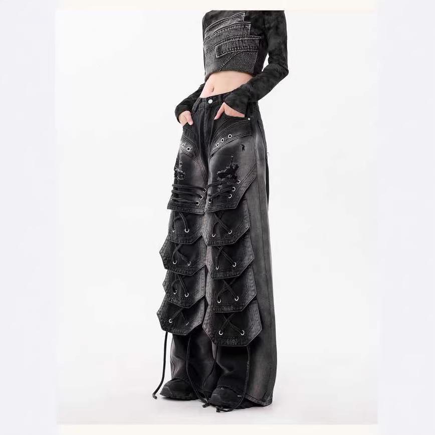 Retro Women's Wide-Leg Multi-Pocket Workwear Jeans