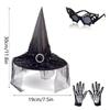 Witch Hat Sunglasses Gloves for Halloween Party Decorations Wizard Cap Photo Props Wide Brim Hat with Blingblign Veil
