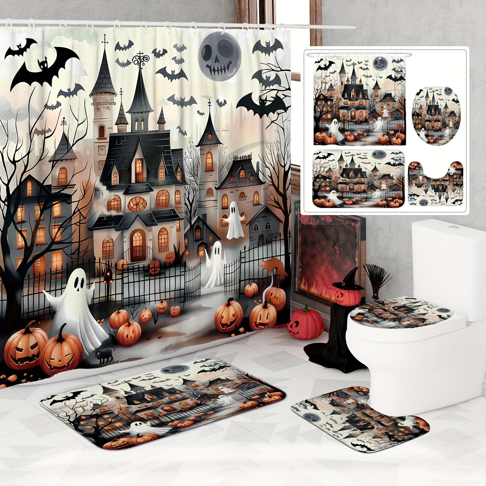 

Haunted House Bathroom Set - Ghost & Pumpkin Shower Curtain, Toilet Cover & Mats, Spooky Halloween Decor, Horror Gift W60H190(CM)-1 Pcs
