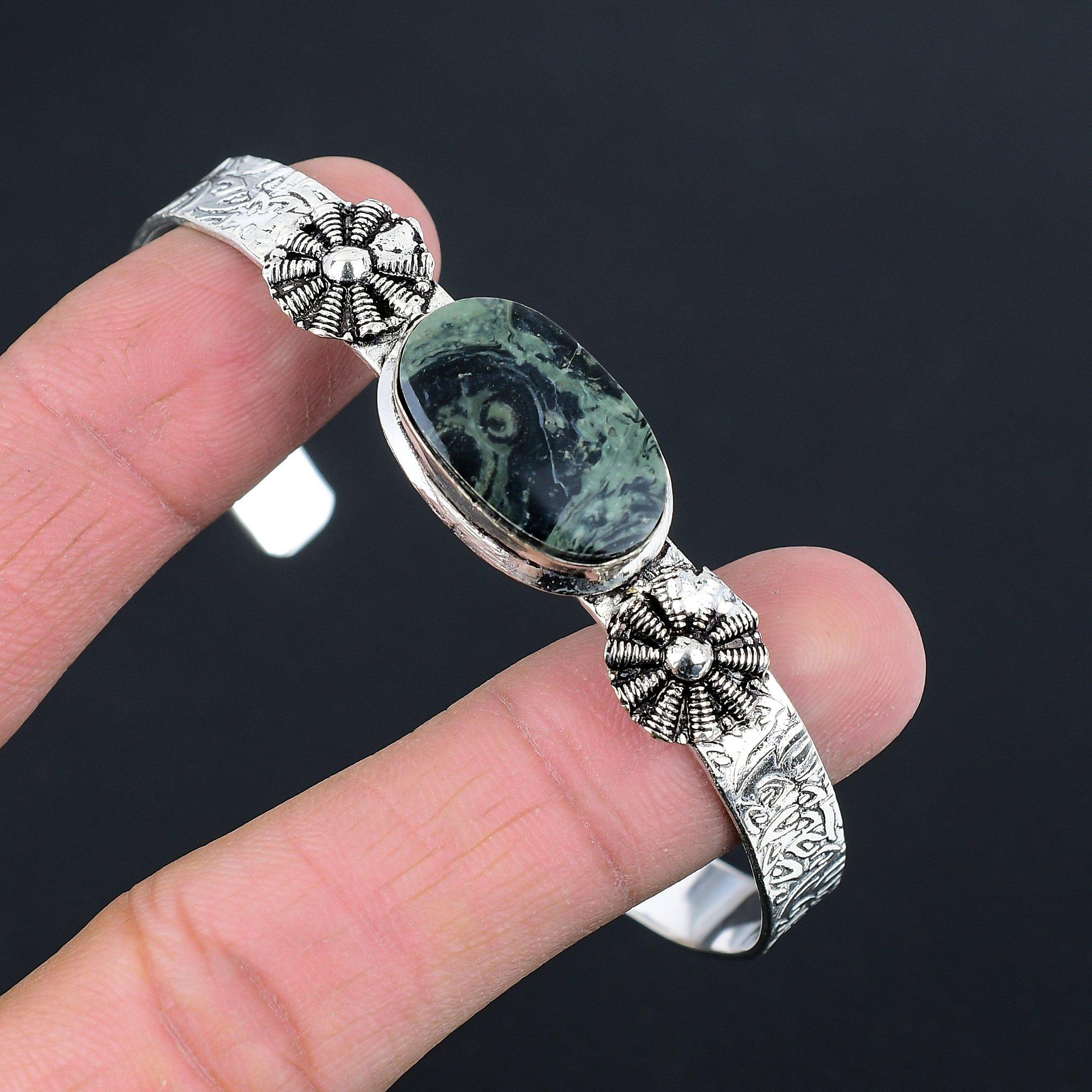 

925 Silver Natural Kambaba Jasper Elegant Artisan Handcrafted Bangle Bracelet Adjustable