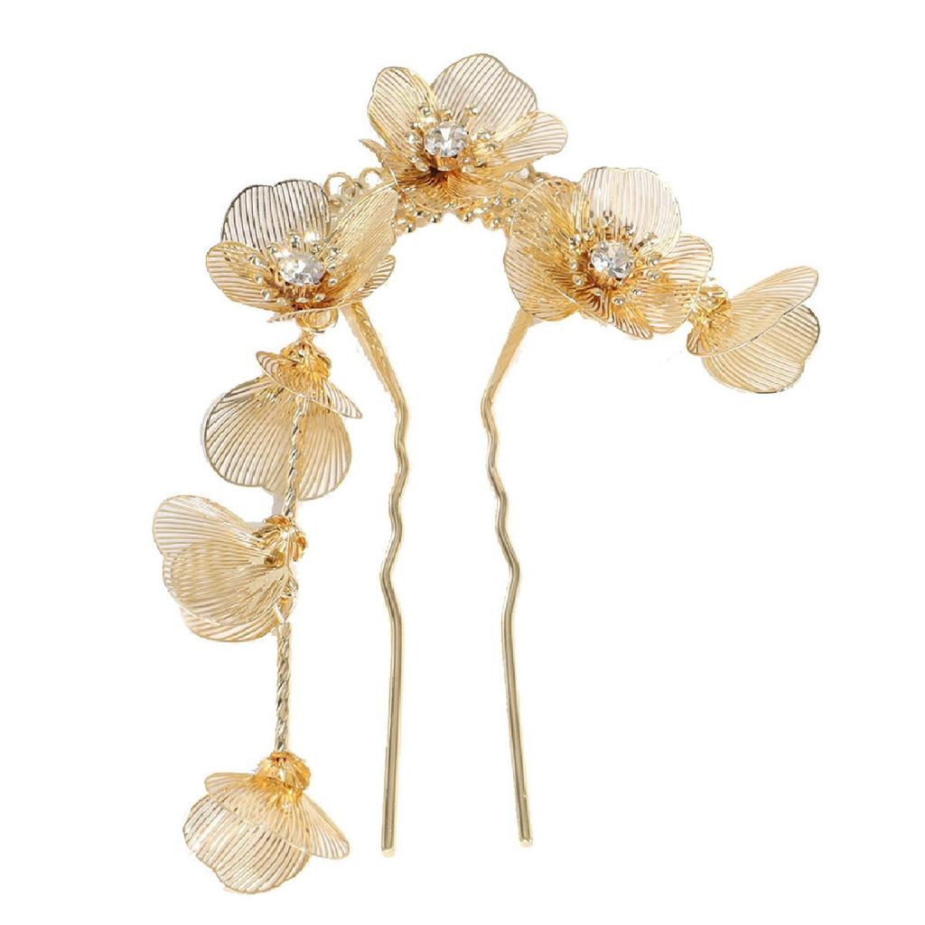 1PC New Chinese, Golden, Flower, Tassel, Hairpin, U-Shape Rhinestones, Chinese Style, Premium Feeling, Super Fairy, Hairpin, Tem
