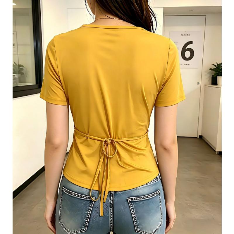 Women V Neck Wrap Front Drawstring Side Short Sleeve Slim Fit Casual T Shirt Tops