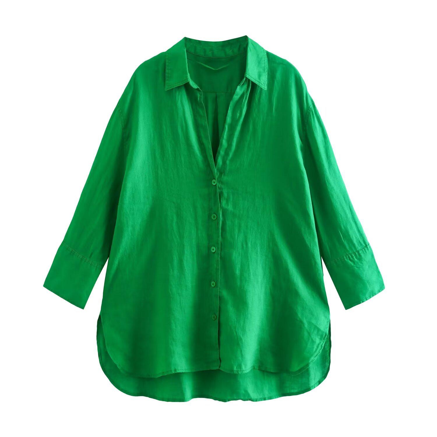 

Женская белая льняная рубашка с длинным рукавом и разрезом сбоку в французском стиле - Свободный и стройнящий модный топ для весны Large