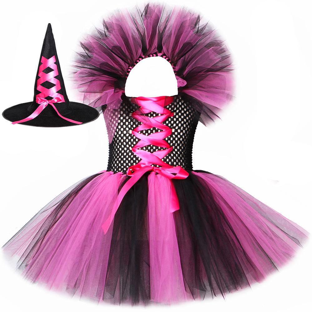 Halloween Witch Costume for Girls: European & American Style with Hat and Mesh Puffy Skirt