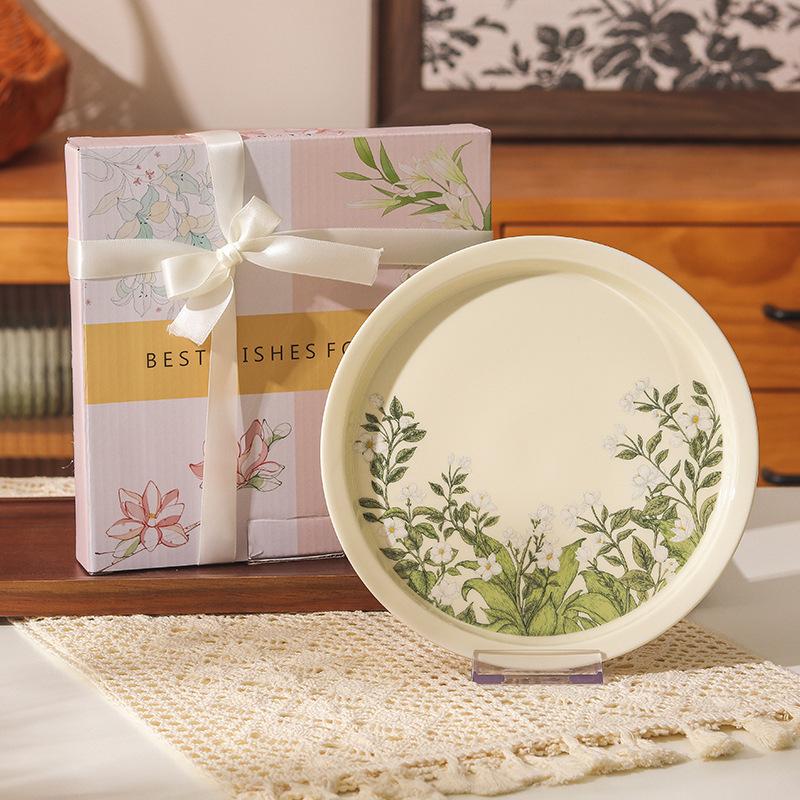 Retro Crape Myrtle Flower Ceramic Tableware Set High Value Dish Set Household Vegetable Plate Soup Plate Rice Bowl Soup Gift