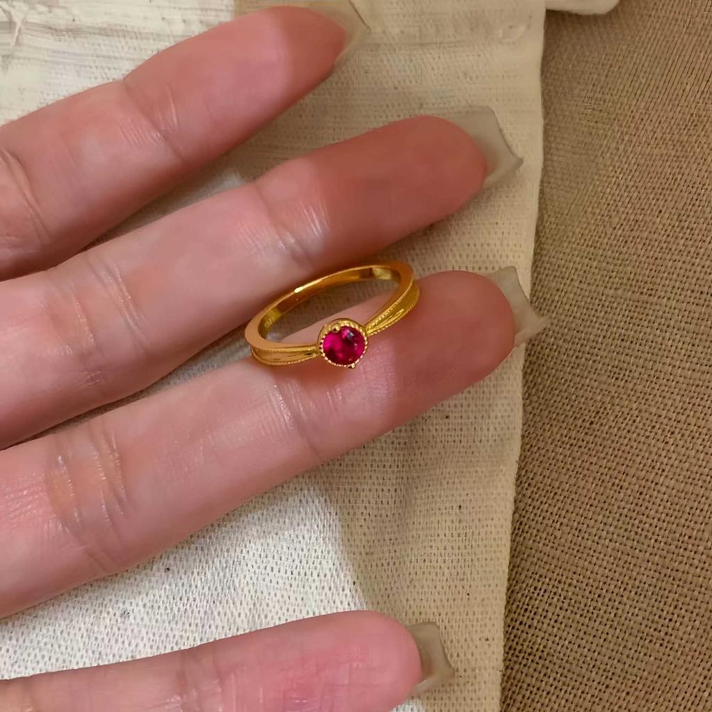 925 Sterling Silver Gold Plated Ring for Women, Red Ruby Color Cubic Zirconia Milgrain Bezel Set Stacking Band Jewelry