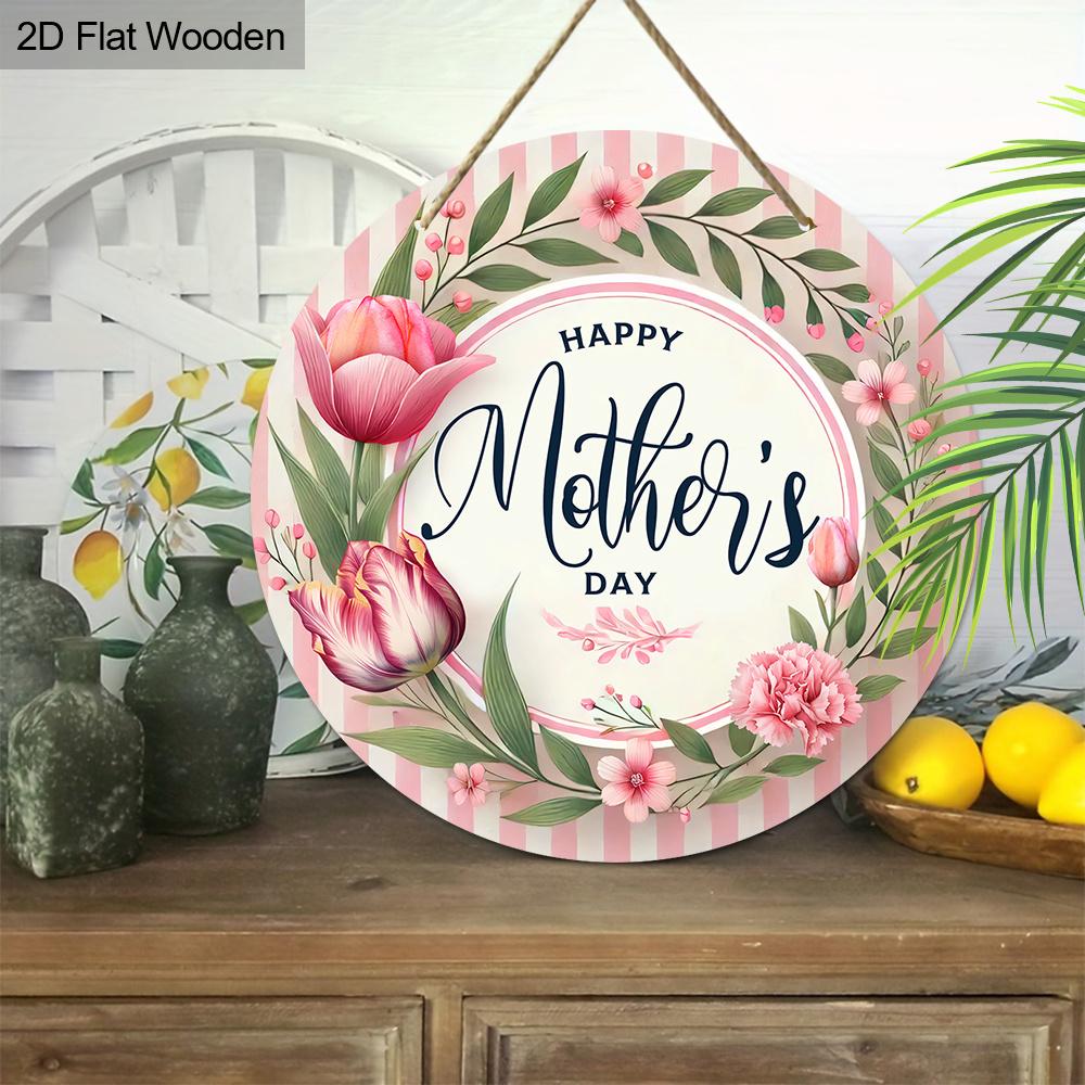 1pc“Happy Mother's Day” Sign Wood Decorative Signs and Plaques Home Decor -Carnation Wreath Pattern - Mother's Day, Birthday Gift- 7.87in/20cm