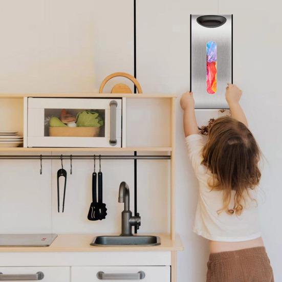 

Держатель для продуктовых пакетов Настенный диспенсер для пластиковых пакетов Большая емкость Простая установка Мешок для мусора Контейнер для хранения Держатель серебряный