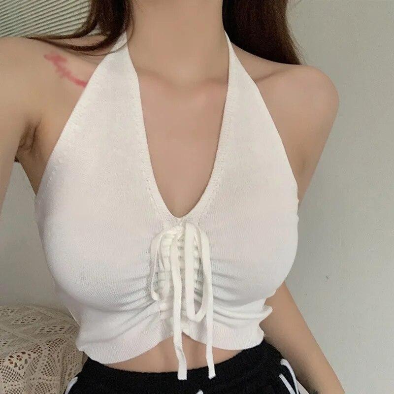 Women's Solid Color V Neck Halter Slim Exposed Navel Knitted Camisole Crop Top