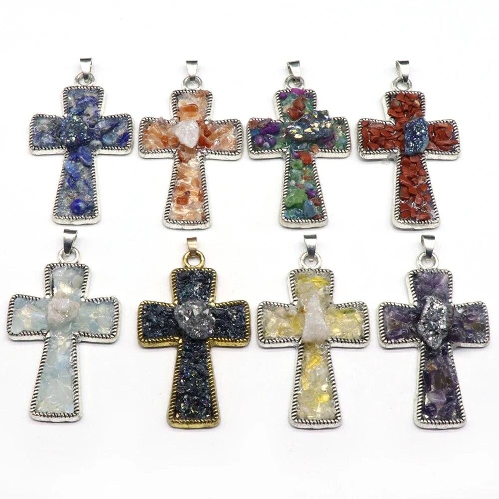 

Натуральные полудрагоценные камни, аметист, агат, цветной кристалл, кулон в форме креста, ожерелье, сделай сам, очаровательное ожерелье, ювелирное изделие, подарок