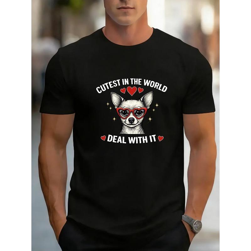 

European sizes Cute Dog Heart-Shaped Glasses Print | Romantic Love Theme T-Shirt for Men, Casual Street Trend 4XL чорний