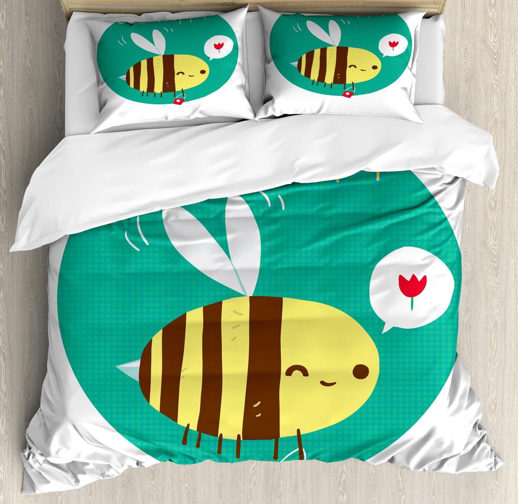 Be Quen Sized Dimensions Soft Duvet Cover Set, Bumble Bes Producing Honey By Filing Honeycombs Cels Themed Graphic Image Print, Soft Warm