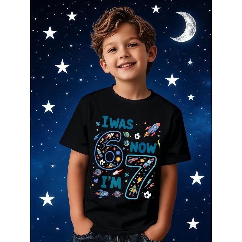 Europäische Größen 7 Jahre Alt Geburtstag T-Shirt Lustiges Zahlen Design Unisex Lässiges Oberteil für Jungen Geeignet für Alle Jahreszeiten Rundhalsausschnitt Normale Passform