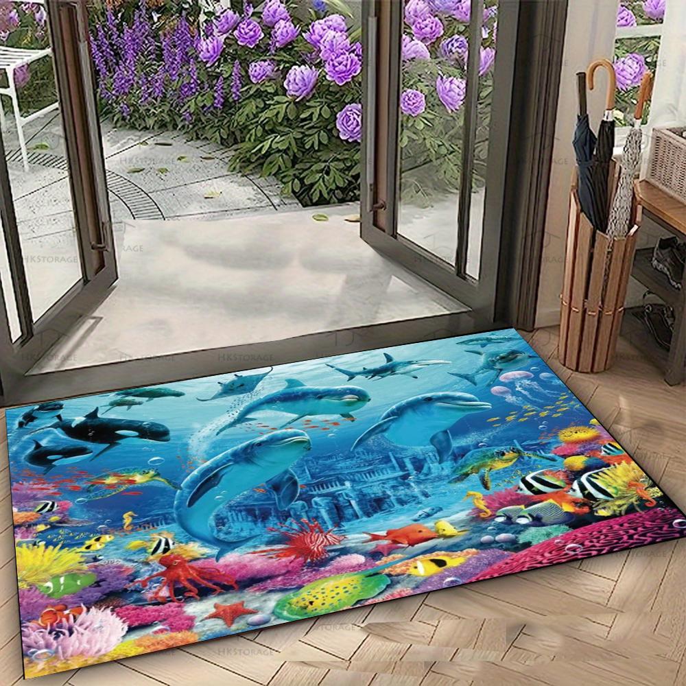 Lebendiger Meeresleben Fußmatte mit Meeresschildkröten und tropischen Fischen Rutschfester Boden Teppich für Eingang Heim Dekorative Matte
