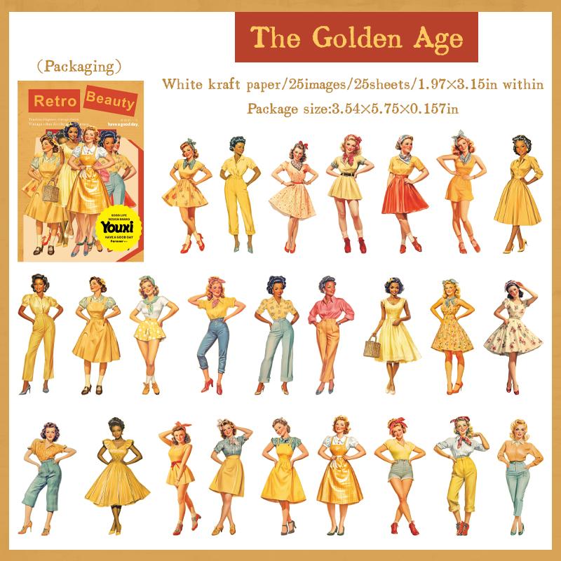 25sheets/bag Retro Girl Sticker Pack Art Decorative Hand Account Scrapbooking Supplies Office Stationery Box Stickers Desktop