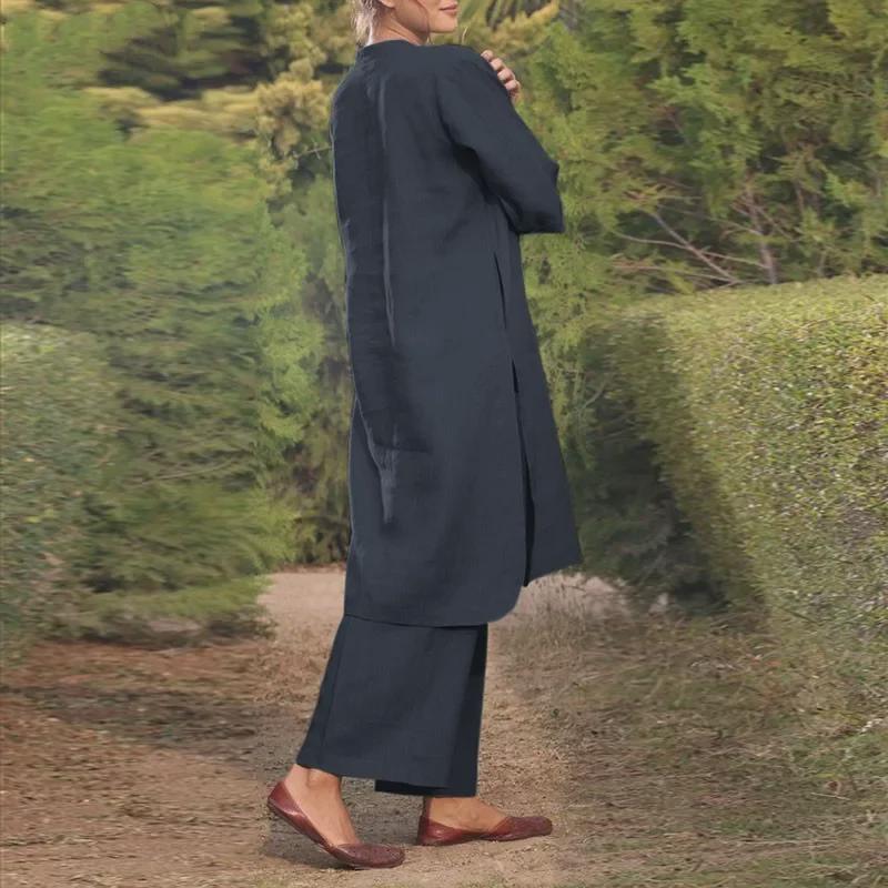 Fashionable Cotton Linen Long Sleeve Casual Drawstring Pants Set