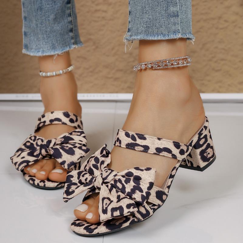 Women's Square Head Shallow Mouth Leopard Print Suede Butterfly Knot Anti-slip Wear-resistant High Heels