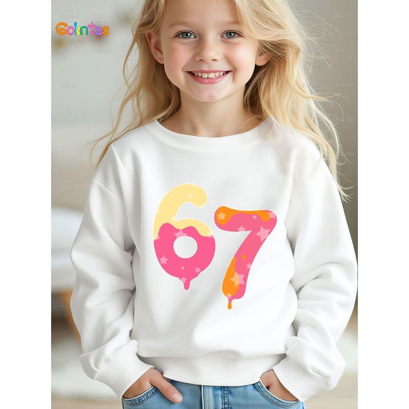 Unisex Kids Crewneck Sweatshirt For 4-12 Girls Cartoon Drip Melting Pink Orange Yellow Star Pattern Number 67 Cute Print Soft Long Sleeve Pullover