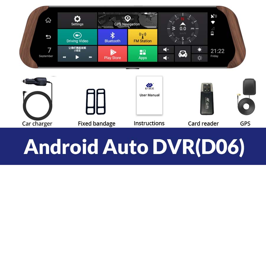 

E-ACE 10-дюймовий Android Dash Cam 4G WIFI GPS Автомобільний відеореєстратор Потік Дзеркало заднього виду Камера Drive Recorder Dual Lens Night Vision No TF Card
