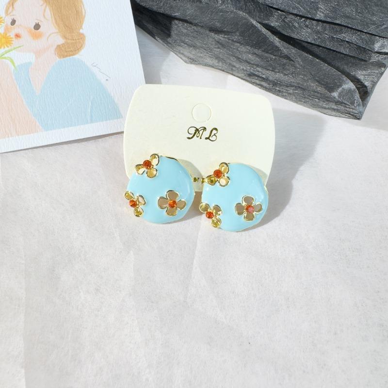 

Metal Half Ball Pink Enamel Post Earrings for Women Flower Fashion Jewelry Romantic for Daily зелений