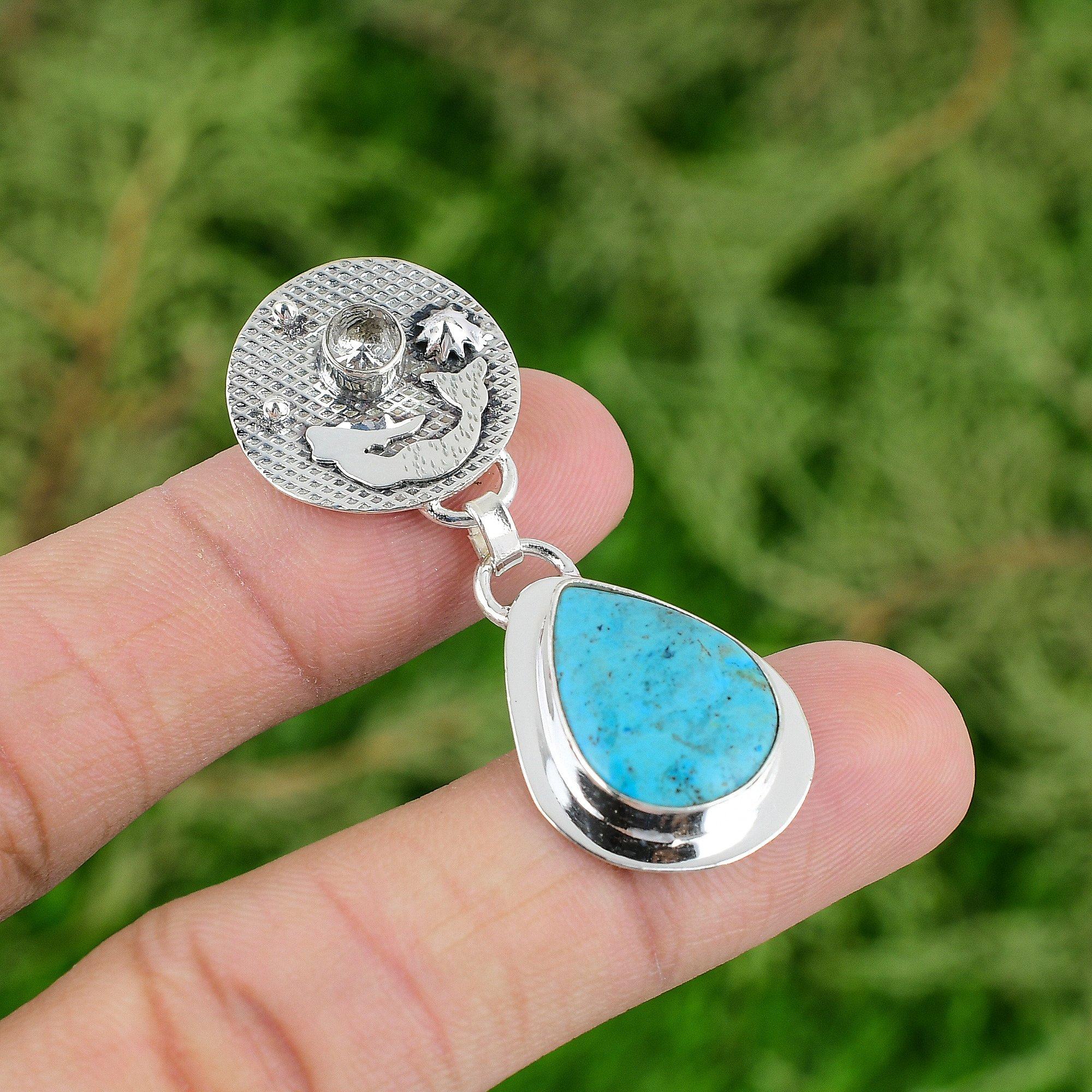 

925 Silver Tibetan Turquoise Stone White Topaz Mermaid Bezel New Pendant Jewelry