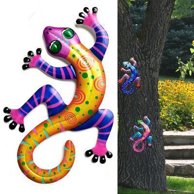 Decoración de pared de hierro Gecko, decoración del hogar, obra de arte, adorno colgante para exteriores para árboles, cercas, porches