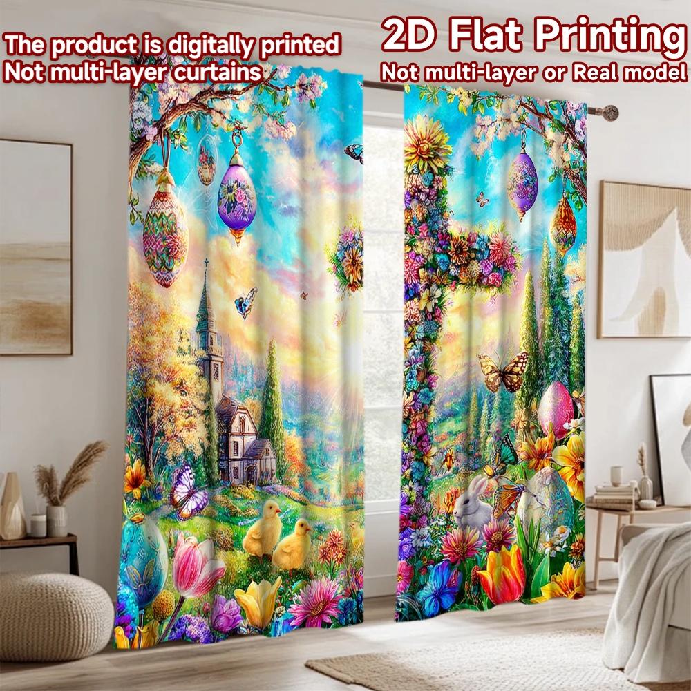 2D flat printing 2pcs Party Curtains Easter cross flowers butterflies Digital Printed Polyester Drapes Seasonal Party & Holiday