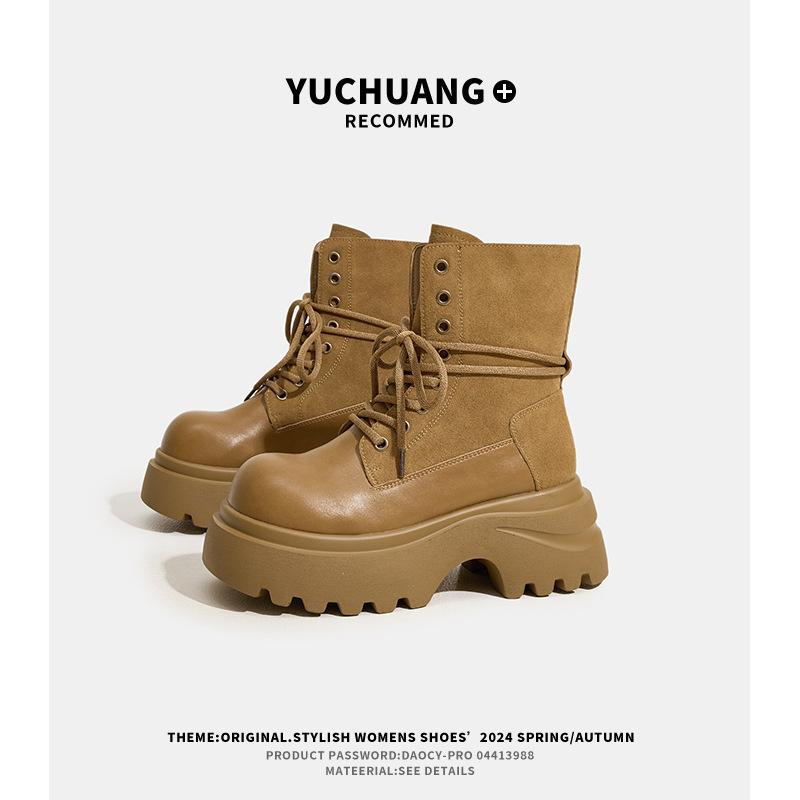 Thick-soled Cowhide Martin Boots for Women's Autumn New Heightening Retro Versatile Medium Boots for Women's Lightweight Boots for Women