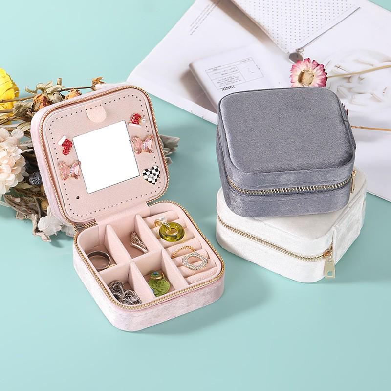 Portable Double-Layer Velvet Jewelry Box with Mirror and Zipper for Earrings and Rings