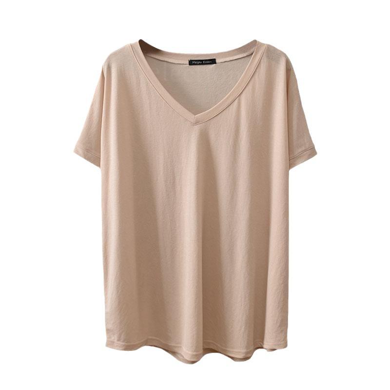 Summer Plus Size V-Neck Short Sleeve Women's T-Shirt - Ice Silk Loose Fit