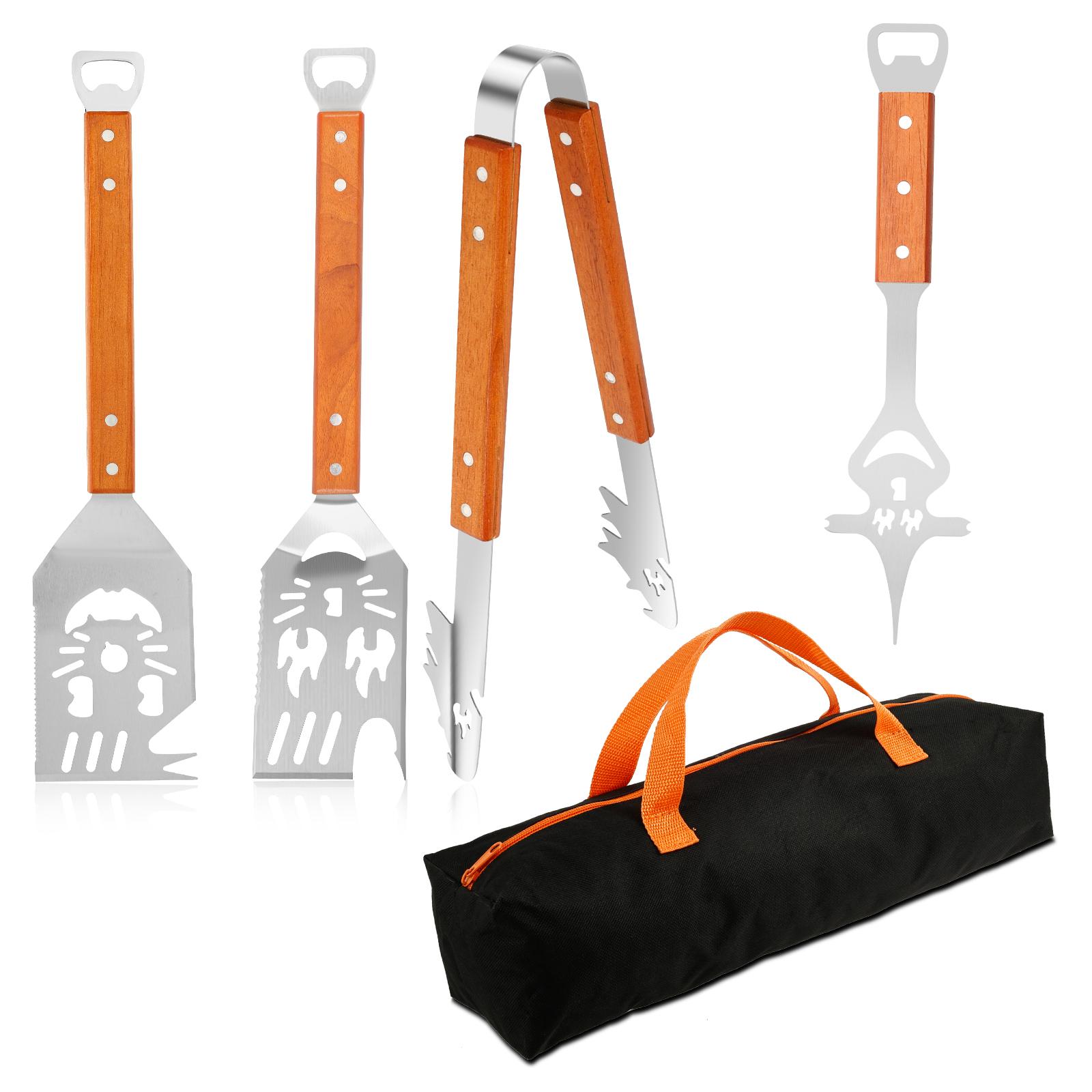 

4Pcs Stainless Steel Grill Tool Set with Tongs Spatula and Fork Creative Flame Pattern Shapes Halloween Party Barbecue Utensils