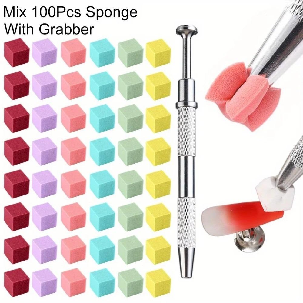 100Pcs Grab Clip Gradient Nail Brushes Sponge Set Nail Sponge Grab Pen Nail Art