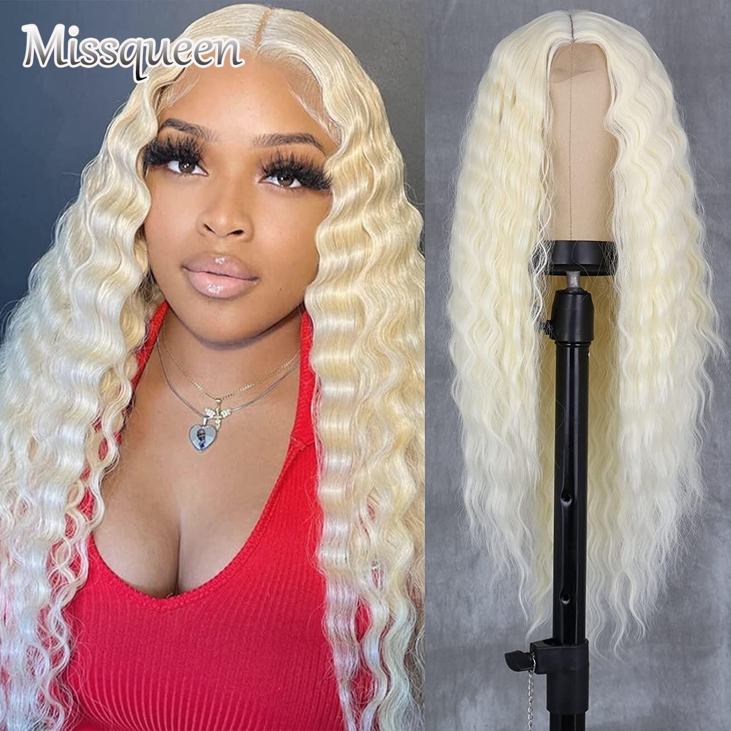 

MISSQUEEN Длинный парик с глубокими волнами, синтетический платиновый блондин для чернокожих женщин, натуральный длинный вьющийся парик со средней частью, искусственная кожа головы
