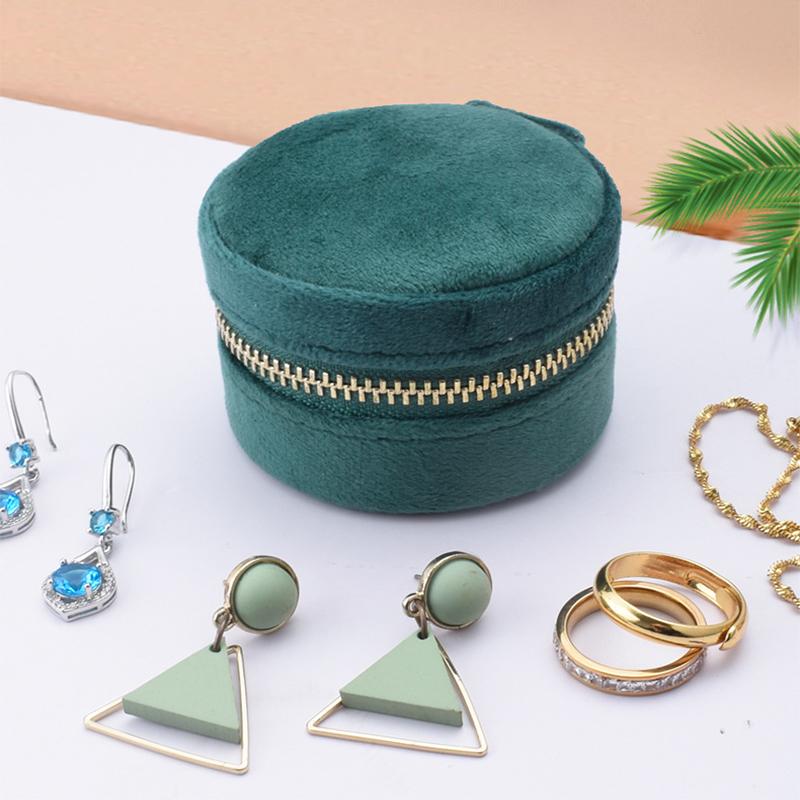 Mini Round Velvet Jewelry Box Portable Travel Organizer Case with Mirror and Zipper Rings Earrings Necklaces Small Accessories