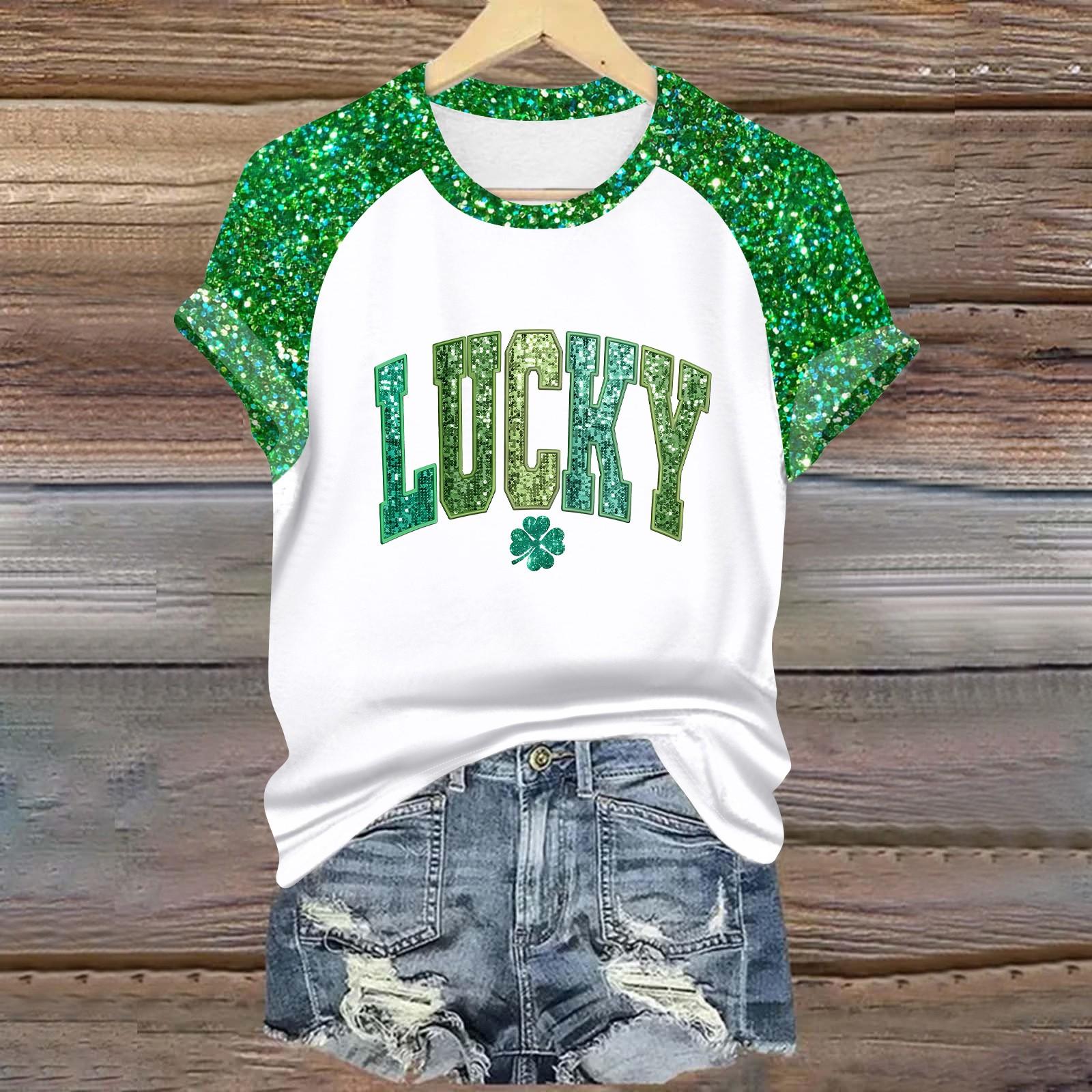 

Женская мода студенческая футболка с круглым вырезом и короткими рукавами ко Дню Патрика M зелёный