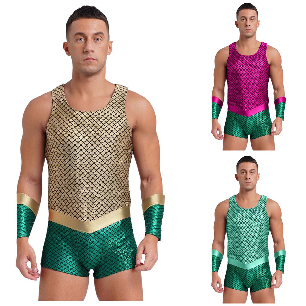 Costume Cosplay da Re del Mare di Halloween da Uomo Design da Dio del Mare Body Senza Maniche con Stampa a Squame di Pesce Maniche Staccabili