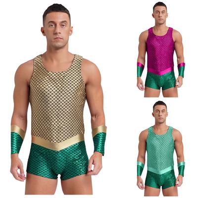 Mens Halloween Sea King Cosplay Costume Sea God Design Sleeveless Fish Scales Print Bodysuit Detachable Arm Sleeves