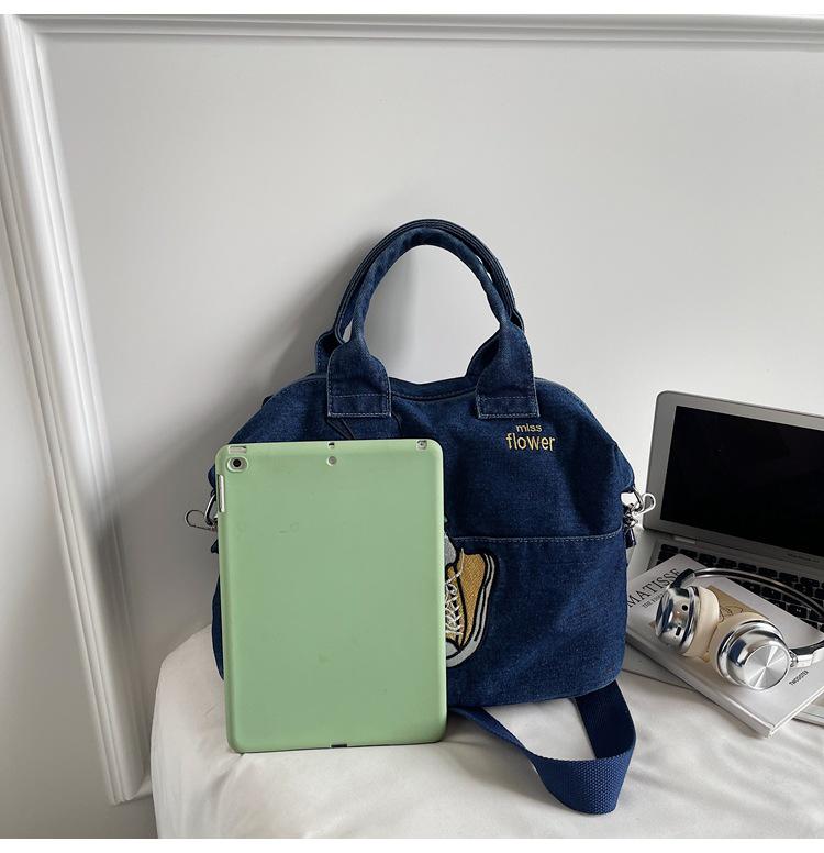 Korean Style Color Block Embroidery Denim Bag - Versatile Large Capacity Shoulder & Crossbody Bag