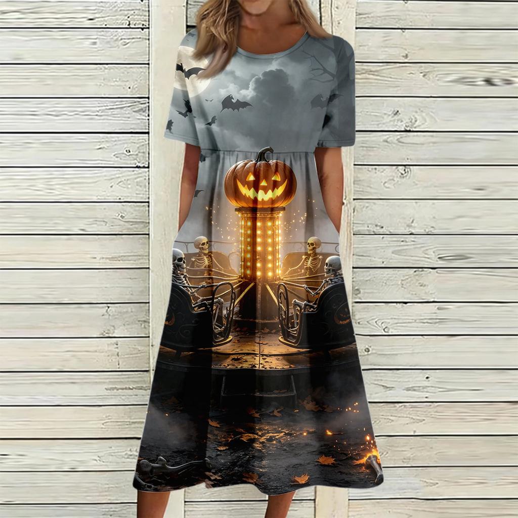 Damen Casual Halloween-Print Rundhalskleid mit Taschen