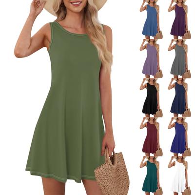 Women's Fashion Summer Round Neck Sleeveless Casual Swing Loose Solid Color Dresses