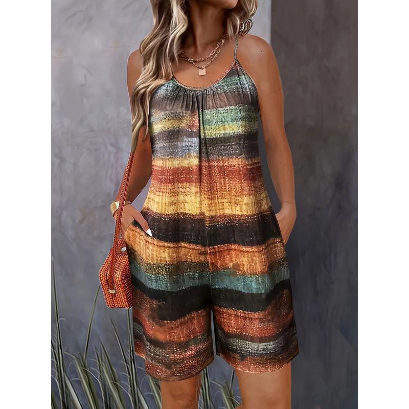 

European and American Cross-Border Amazon New Women s Clothing Plus Size Printed Casual Sleeveless Loose Wide-Leg Jumpsuit Plus Size Women s Clothing Orange color S
