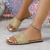 Fashion Luxury Gold Slip On Sandals Women 2025 Summer Square Toe Flat Heel Slides Sexy Light Weight Non Slip Beach Slippers Plus Size 43