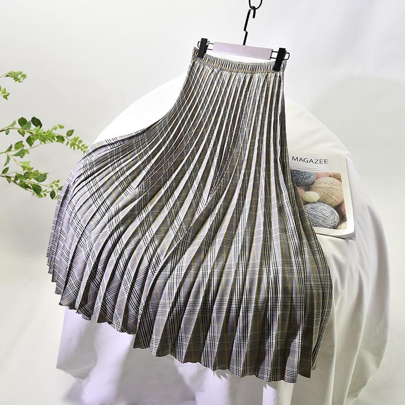 

Юбка макси в клетку Temperament Commuter, плиссированная юбка, летняя новинка, плиссированная юбка с высокой талией One Size