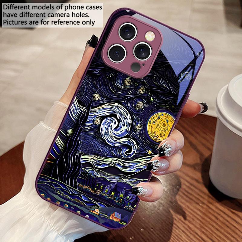 Oil Painting Starry Sky For iPhone 16 E 15 14 13 Plus 12 Mini 11 Pro Max XR Xs Max X 7 8 6 6S 2022 Tempered Glass Phone Case