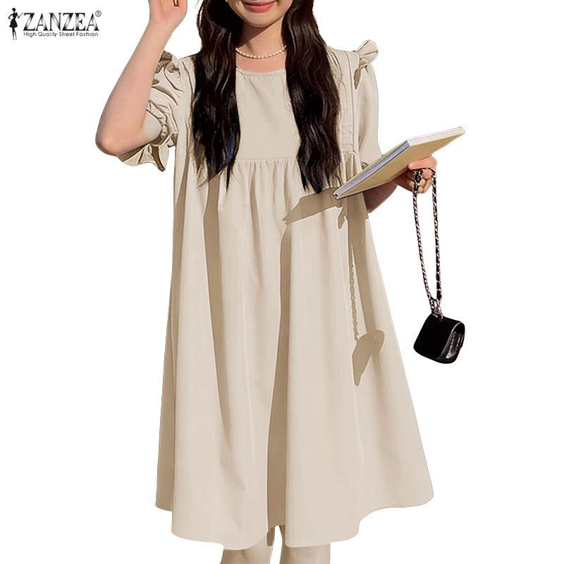 ZANZEA Abito Casual da Donna Girocollo Tinta Unita Largo Manica Corta