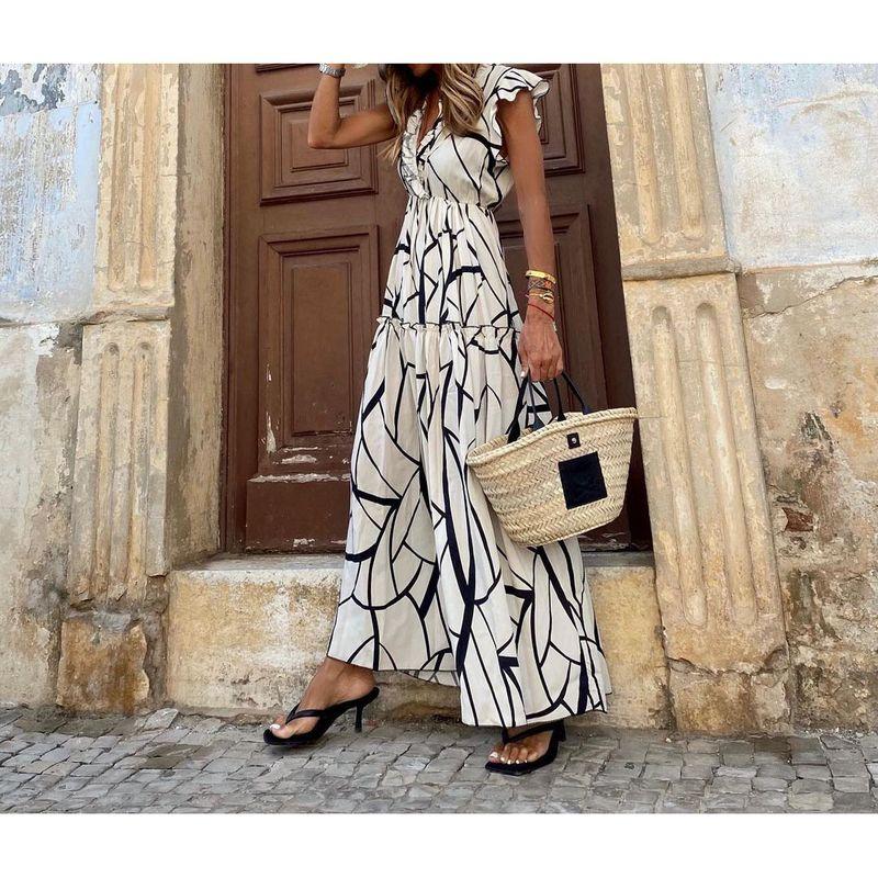 

Spring and Summer New Arrival Fashion Wind Fashion Dress Printed V-neck Ruffled Long Dress Women V-neck Dress White S